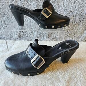Life Stride Women Leather Click Slip‎ On Studded Heeled Mules Size 7M Black Work